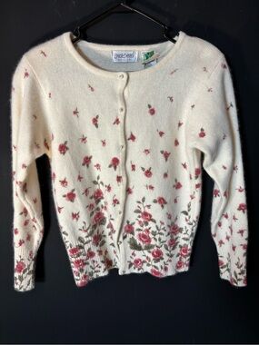Laura Daniels Cream Floral Cardigan with Pink Rose Motif-small